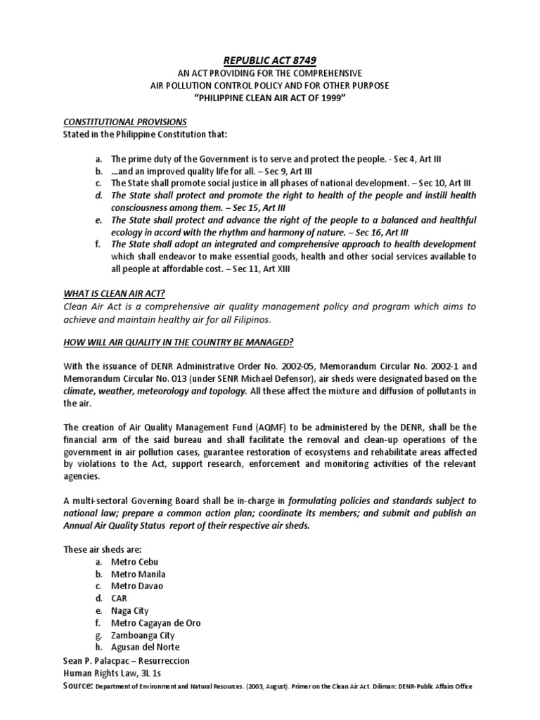 What Is Ra 8749 Clean Air Act