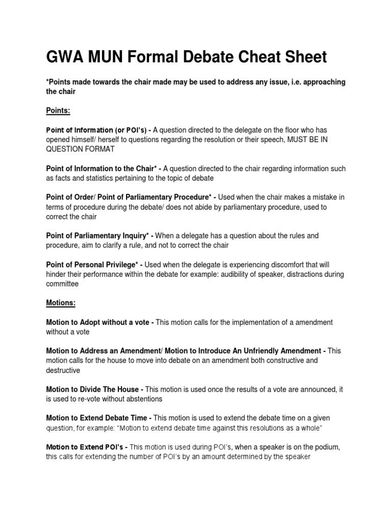 Motions Cheat Sheet Senior Mun Pdf Political Law Meetings
