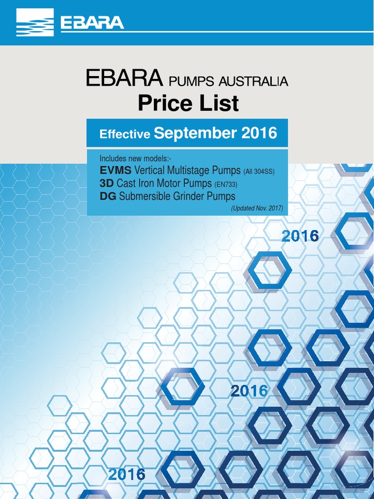 EBARA Australia Price List Sep 2016 R17 | PDF | Pump | Manufactured Goods