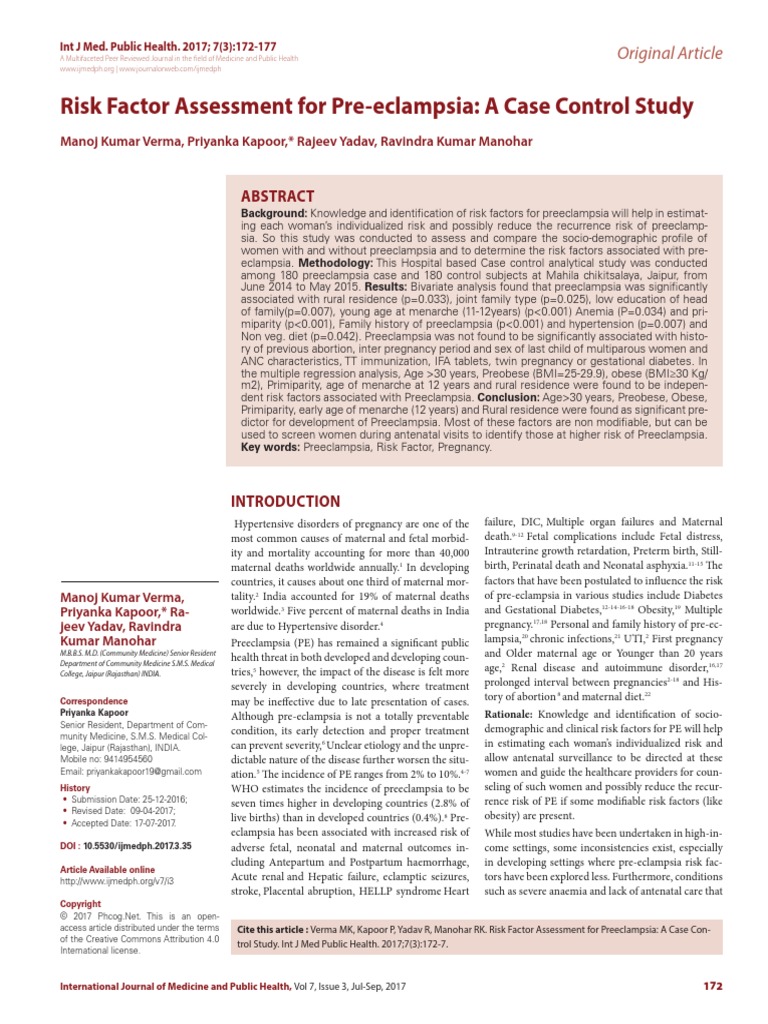 Risk Factor Assessment For Pre-Eclampsia: A Case Control Study | PDF ...