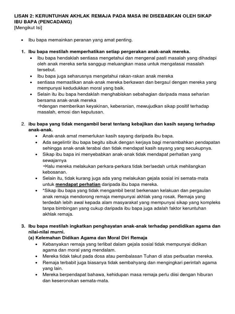 Point Form Keruntuhan Akhlak Remaja Pada Masa Ini Disebabkan Oleh Sikap Ibu Bapa Pencadang Pdf