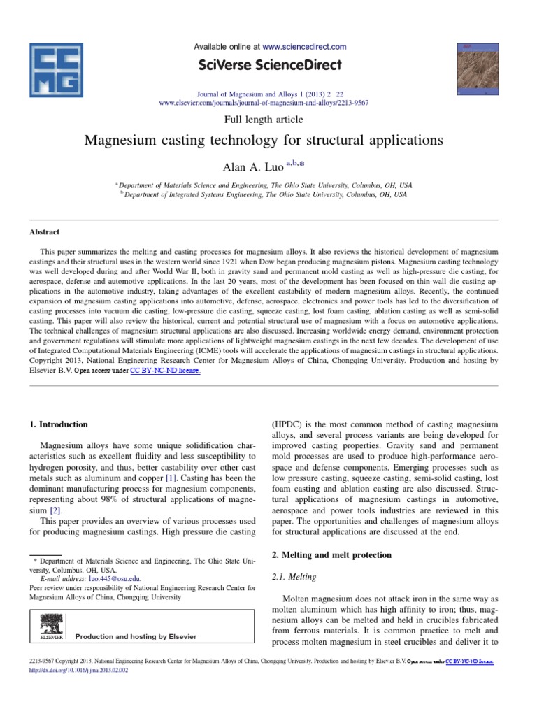 Magnesium Casting Technology For Structural Applications | PDF