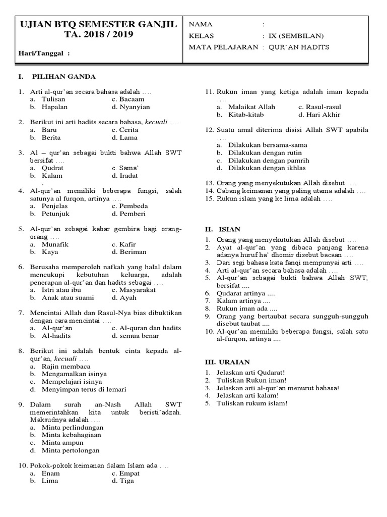 Soal Ujian BTQ dan Bahasa Arab Kelas IX | PDF