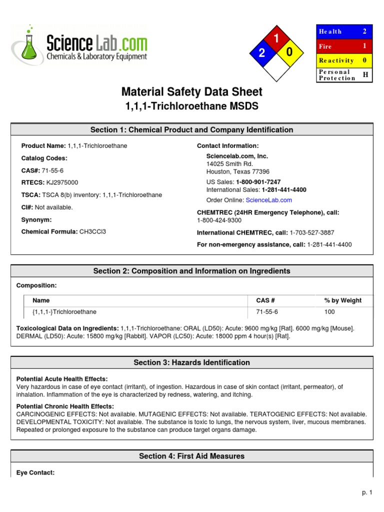 1,1,1-Trichloroethane MSDS: Section 1: Chemical Product and Company ...