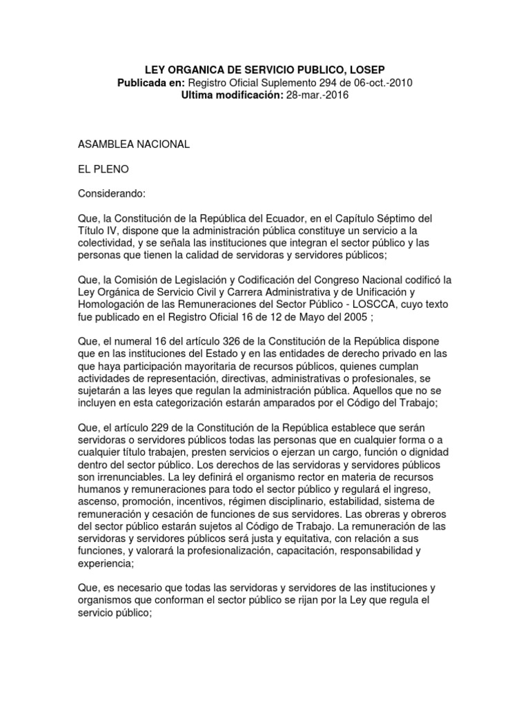 Ley Organica de Servicio Publico Losep | PDF | Parentesco | Derecho laboral