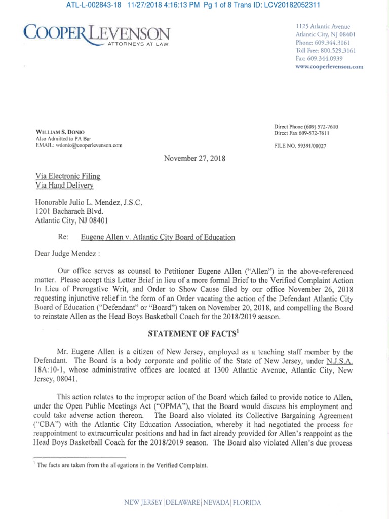 Legal brief Eugene Allen v. Atlantic City Board of Education