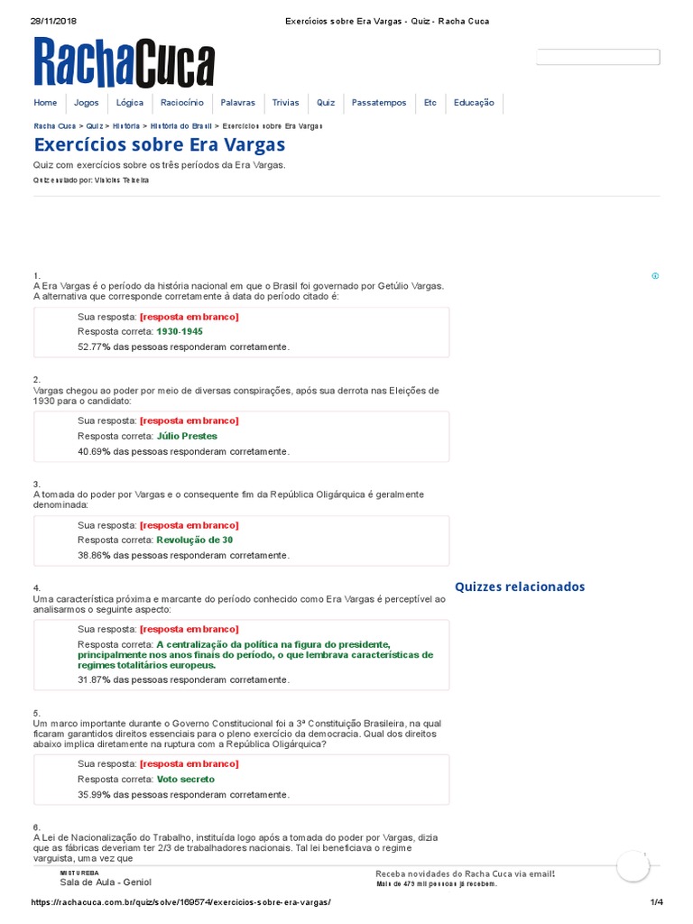 Exercícios Sobre Era Vargas - Quiz - Racha Cuca | PDF | República | Brasil