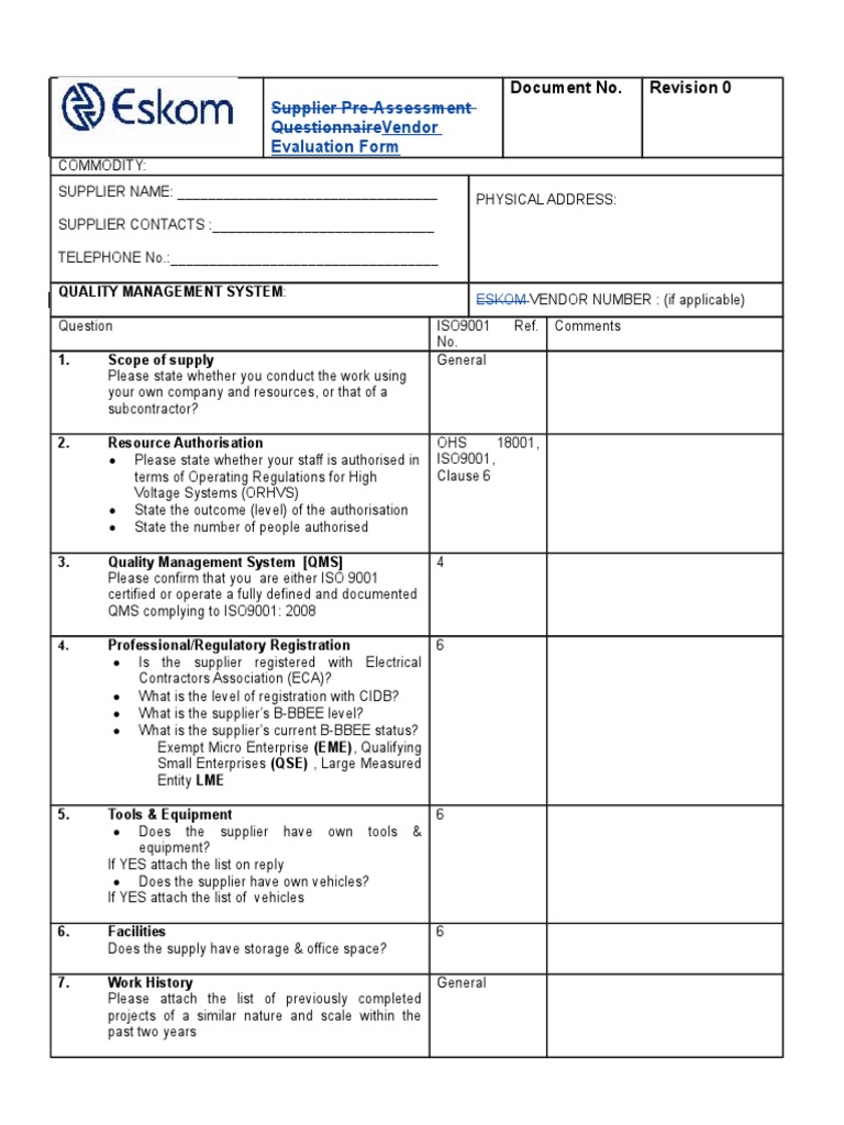 Supplier Pre-Assessment Questionnaire | PDF | Iso 9000 | Quality Management