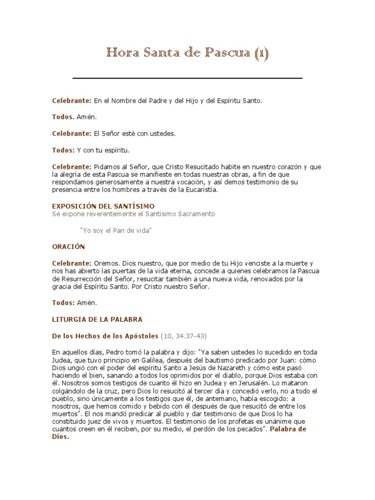 Hora Santa De Pascua 1 Celebrante Todos Celebrante Todos Celebrante Eucaristia Maria Madre De Jesus scribd