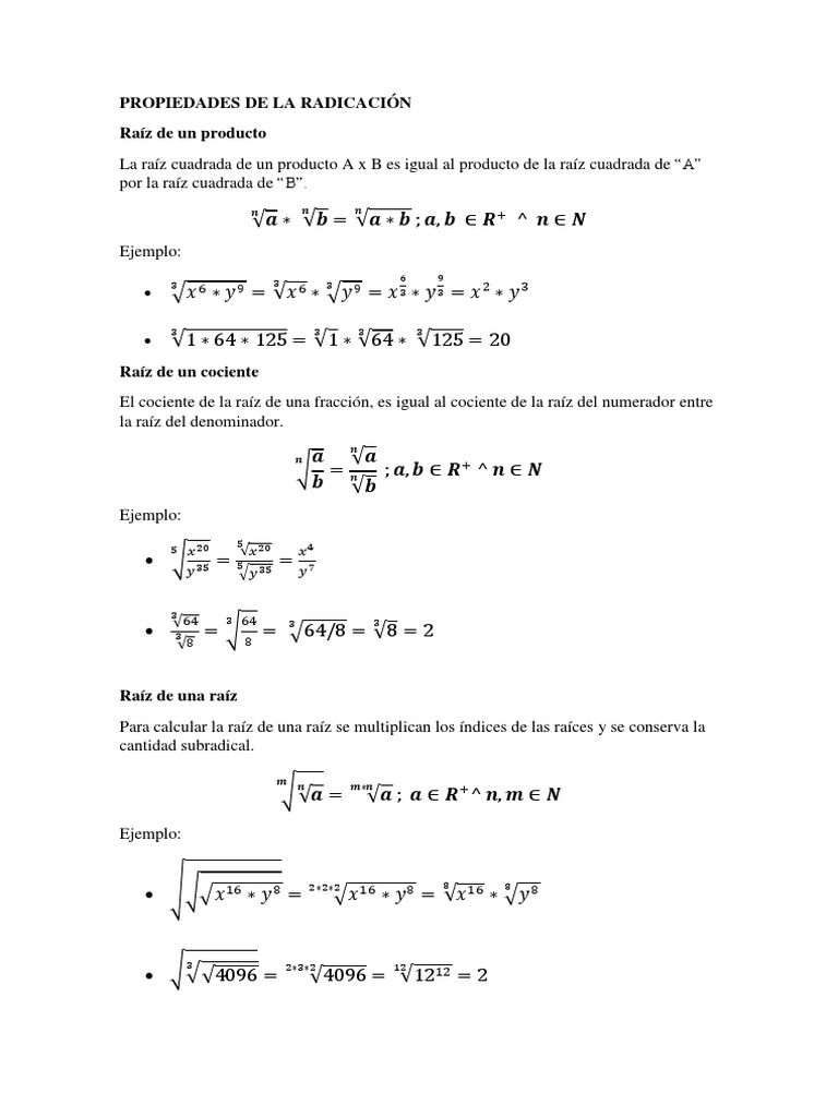 Propiedades De La Radicacion Pdf Raíz Cuadrada Fracción Matemáticas