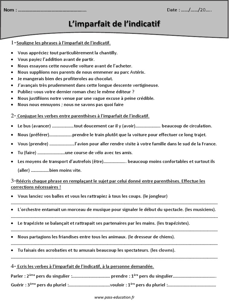 Exercices Imparfait Cm1 à Imprimer Imparfait de Lindicatif Cm2 Exercices Avec Correction | PDF | Nombre  grammatical | Phrase