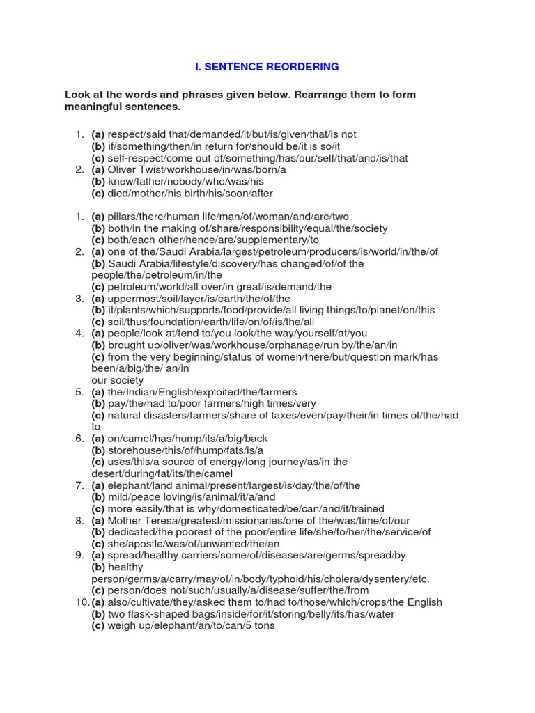 Sentence Reordering - Class 9 | PDF | Nature | Wellness