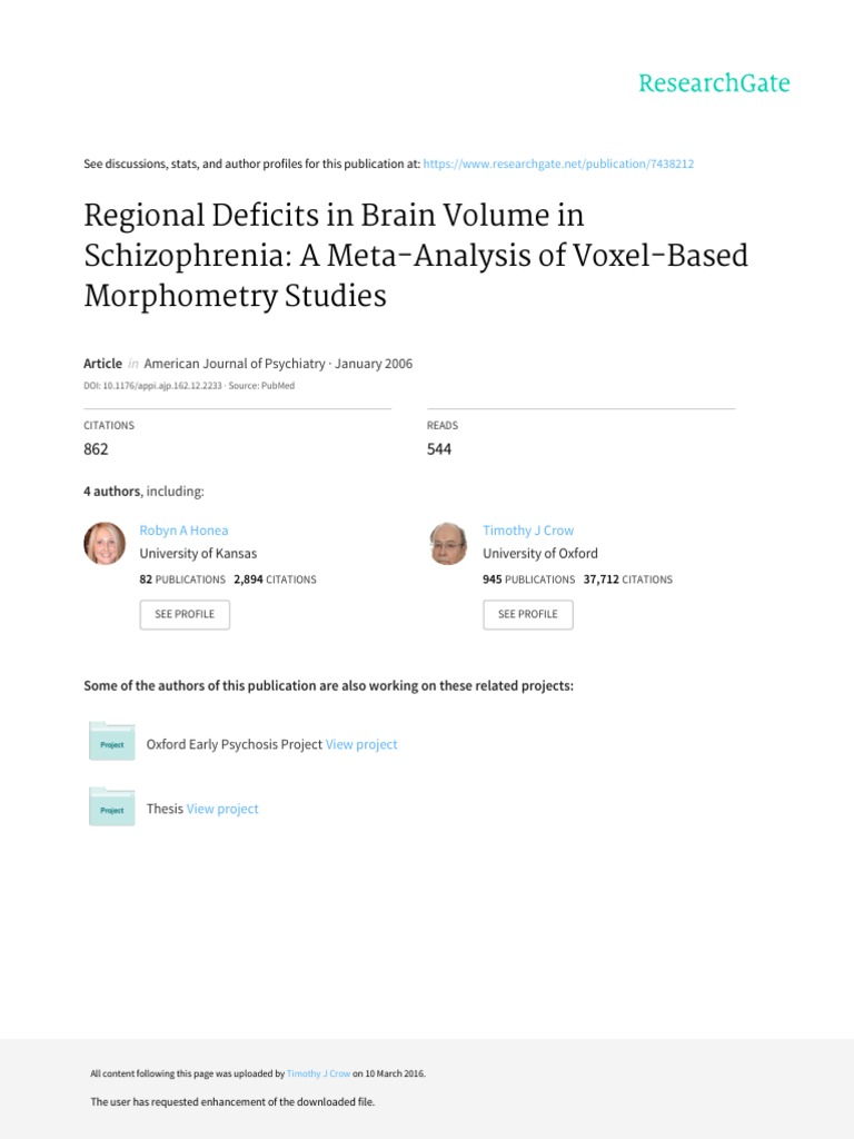 Regional Deficits in Brain Volume in Schizophrenia PDF | PDF ...