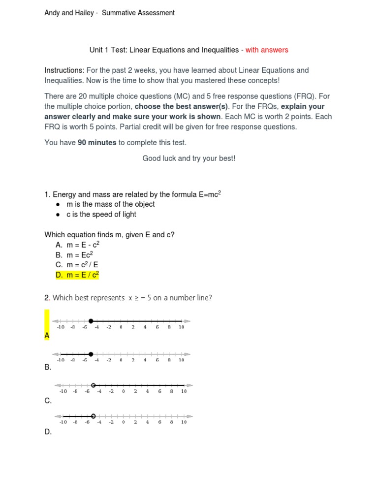 Unit 1 Linear Equations Assessment | PDF | Multiple Choice | Teaching ...