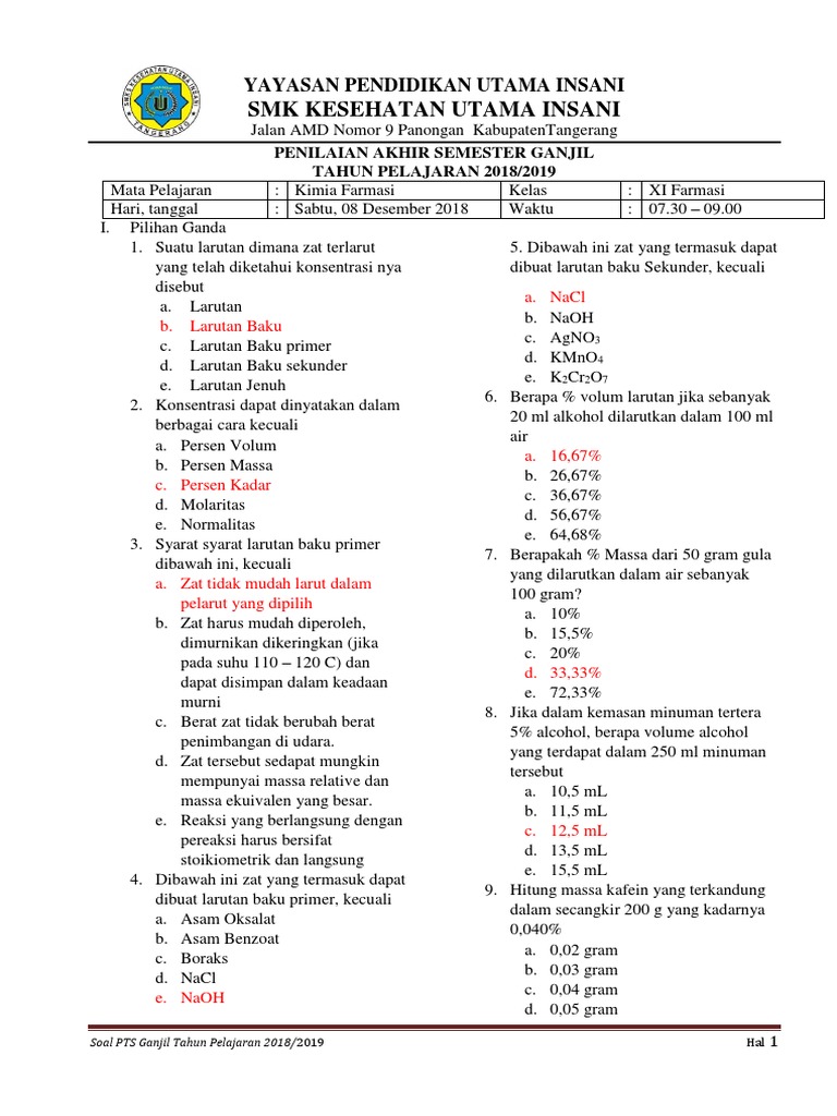 Contoh Soal Kimia Dasar Farmasi Semester 1 - GTK Guru