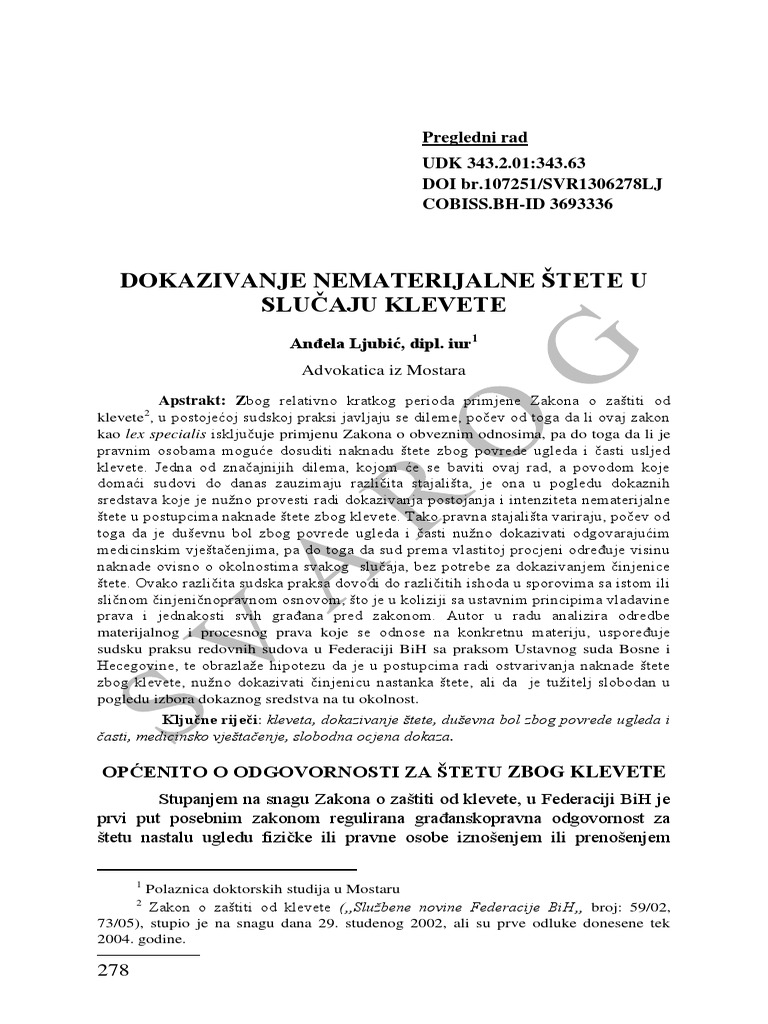 Anđela Ljubić Dokazivanje Nematerijalne Štete U Slučaju Klevete | PDF