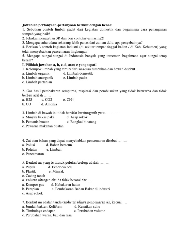 Contoh Soal Pilihan Ganda Tentang Polusi Barisan Contoh