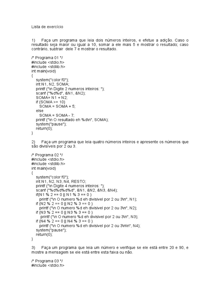 Lista de Exercício Estrutura Condicional - Com Respostas | PDF | C ...