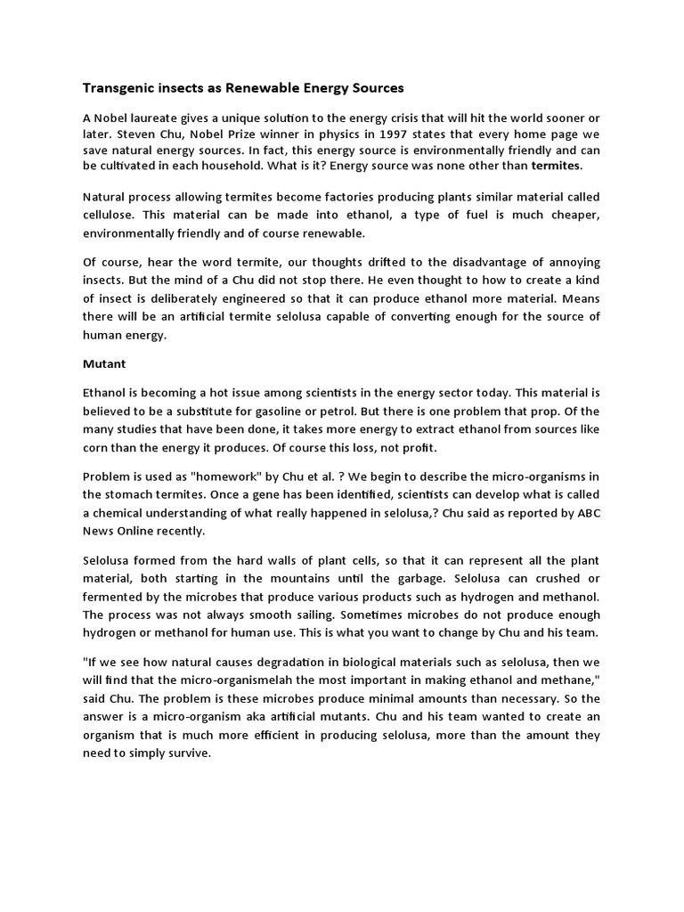Transgenic Insects for Renewable Energy | PDF | Transgene | Genetic ...