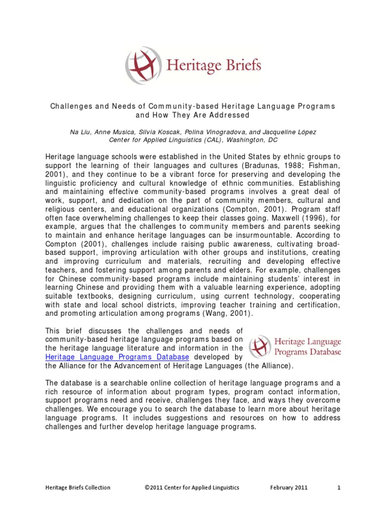 Challenges and Needs of Community-Based Heritage Language Programs and ...