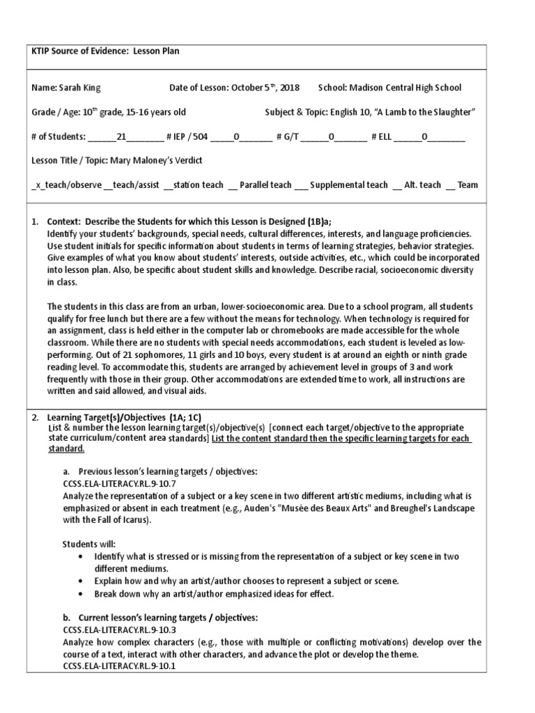 Lesson Plan for 10th Grade English | PDF | Special Education | Lesson Plan