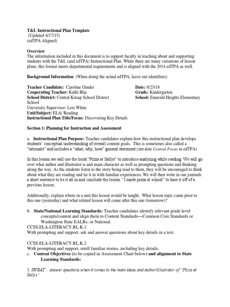 T&L Pizza Lesson Plan for Kindergarten | PDF | Educational Assessment ...