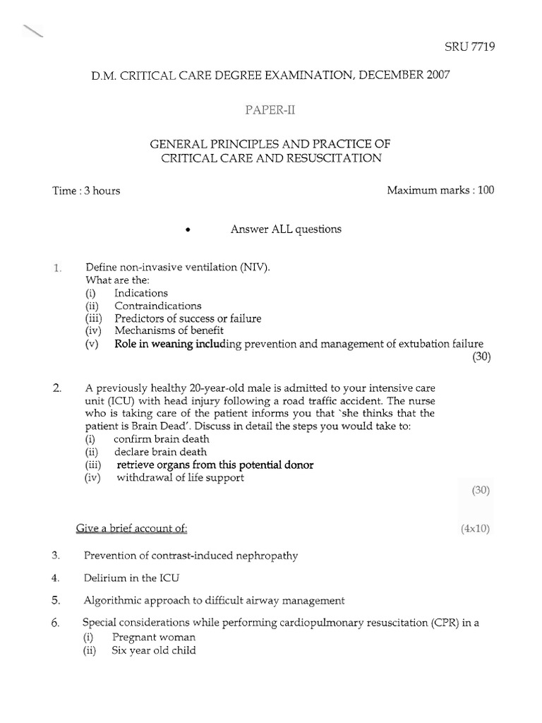 Sru D M Critical Care Degree Examination December 2007 Intensive Care Medicine Cardiopulmonary Resuscitation