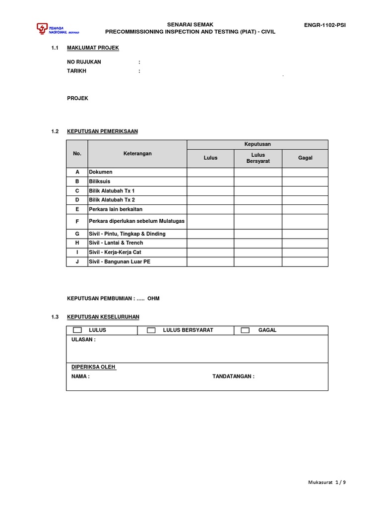 Tnb Precommissioning Inspection And Testing Piat Checklist Pdf