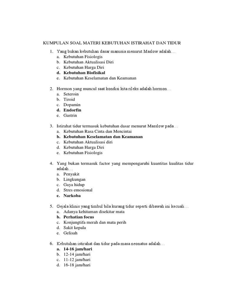 Kumpulan Soal Materi Kebutuhan Istirahat Dan Tidur Pdf