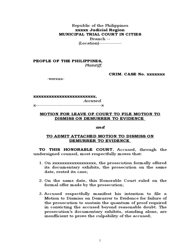 Motion for Leave to Dismiss Evidence | PDF | Demurrer | Prosecutor