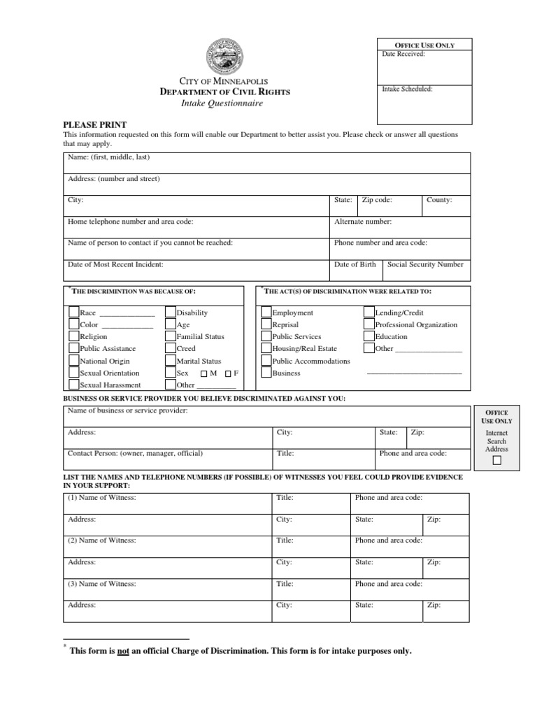 IntakeQuestionnaire CivilRights | PDF | Discrimination | Justice