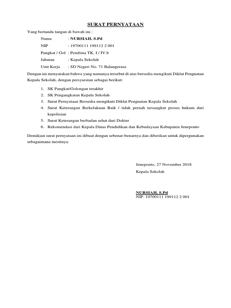 Surat Pernyataan Diklat Penguatan Pdf