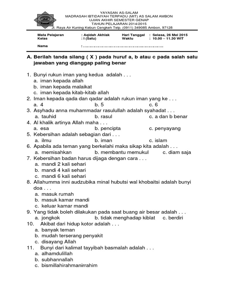 Soal Uts Aqidah Akhlak Kelas 9 Semester 1 Kurikulum 2013