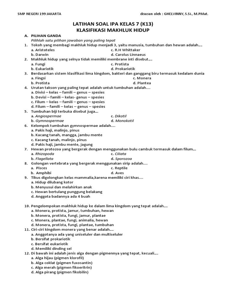 Latihan Soal Klasifikasi Makhluk Hidup
