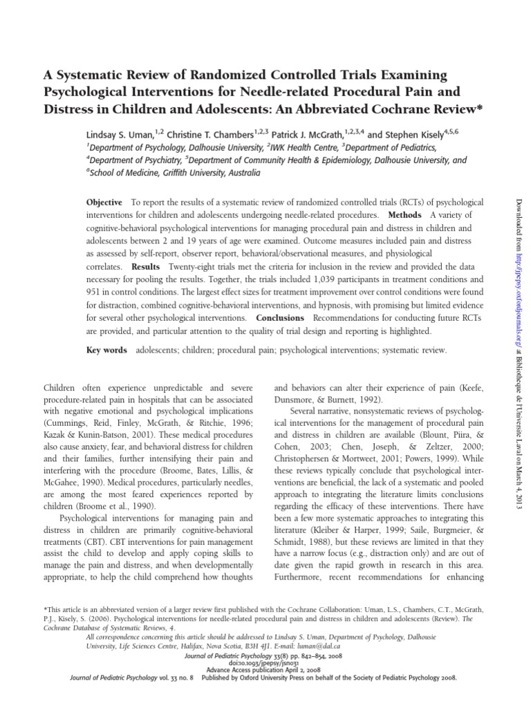 Uman 2008 | PDF | Randomized Controlled Trial | Cognitive Behavioral ...