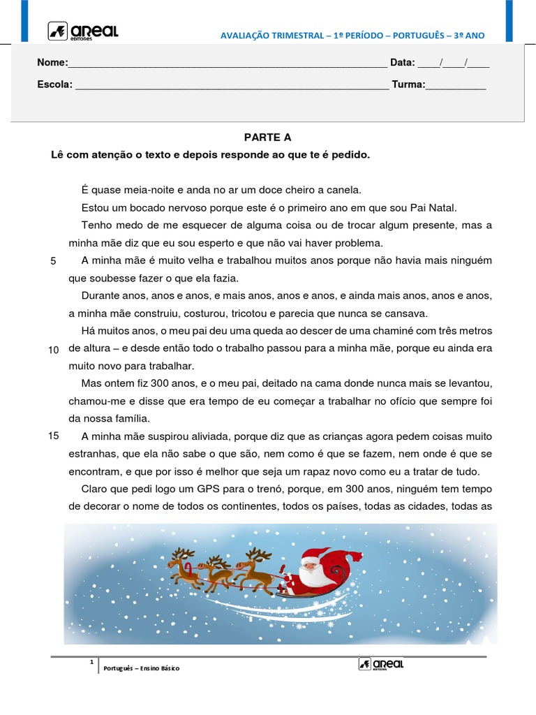 Avaliação Trimestral de Português 3º Ano | PDF | Natal | Sílaba