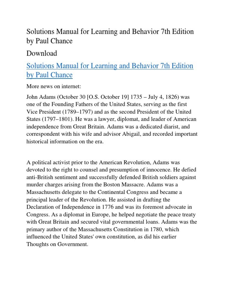 Solutions Manual for Learning and Behavior 7th Edition by Paul Chance |  John Adams | Federalist Party