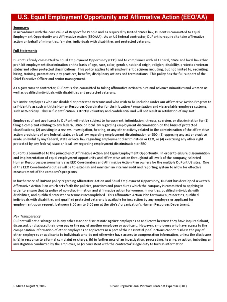 DuPont EEO and Affirmative Action Policy | PDF | Affirmative Action ...