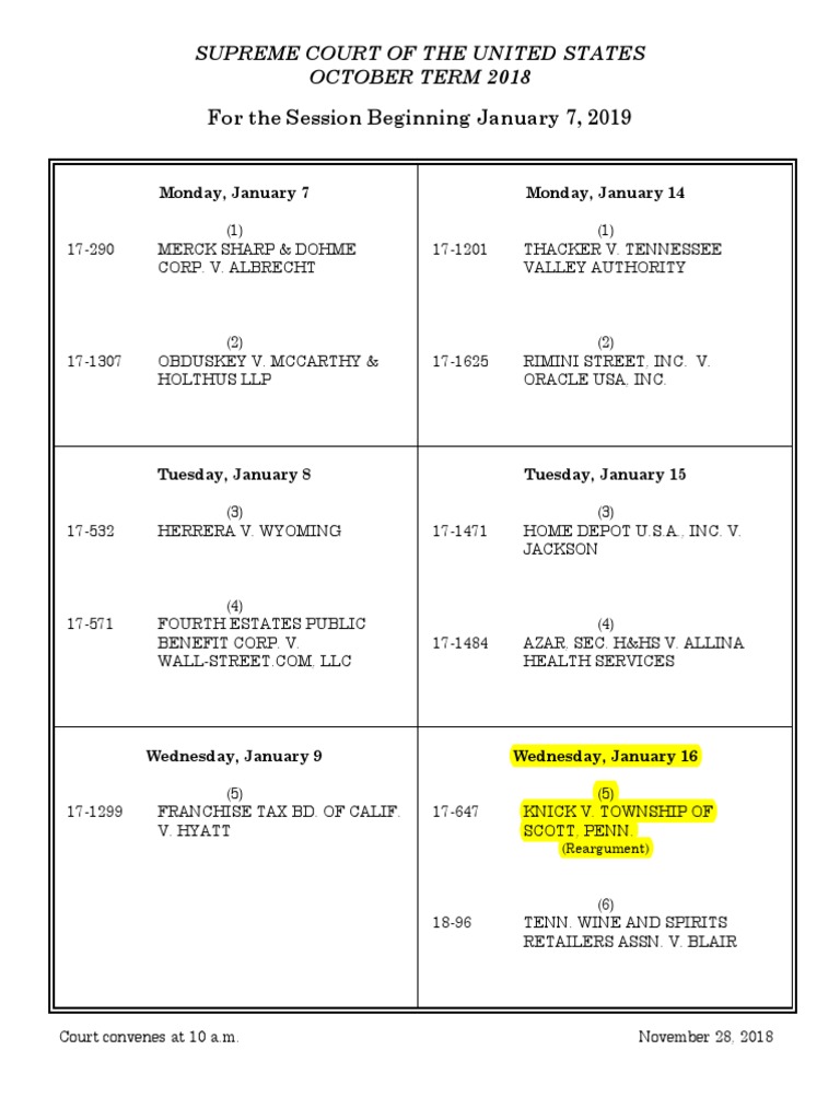 Supreme Court Argument Calendar January 2019 PDF