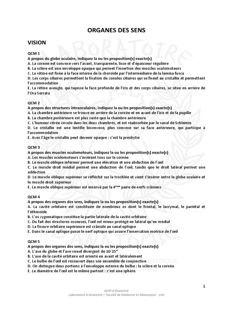 QCM sur l'Anatomie de l'Œil | PDF | Oreille | Système vestibulaire