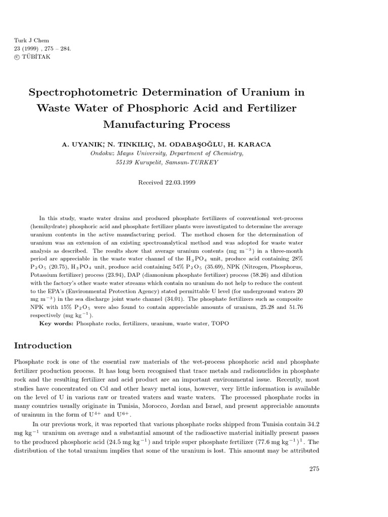 Spectrophotometric Determination of Uranium in Waste Water of Phosphoric Acid and Fertilizer