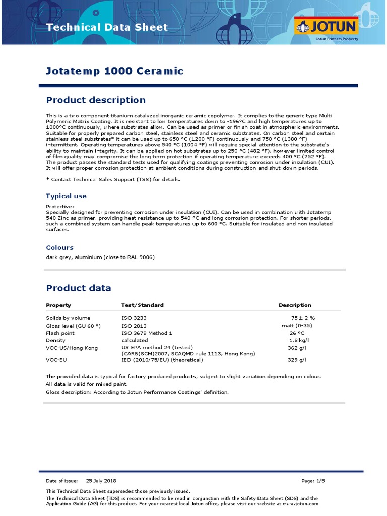 Jotatemp 1000 Ceramic Technical Data Sheet Corrosion Ceramics