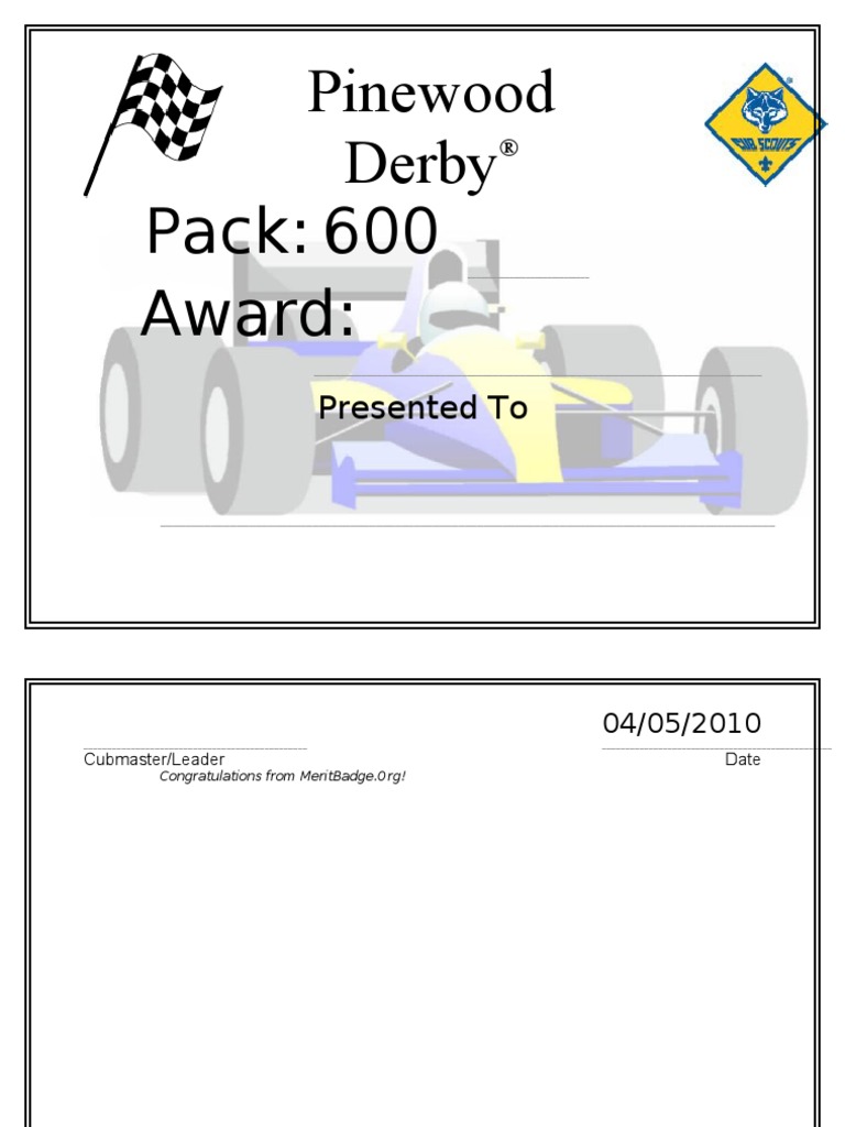Pinewood Derby Certificate PDF
