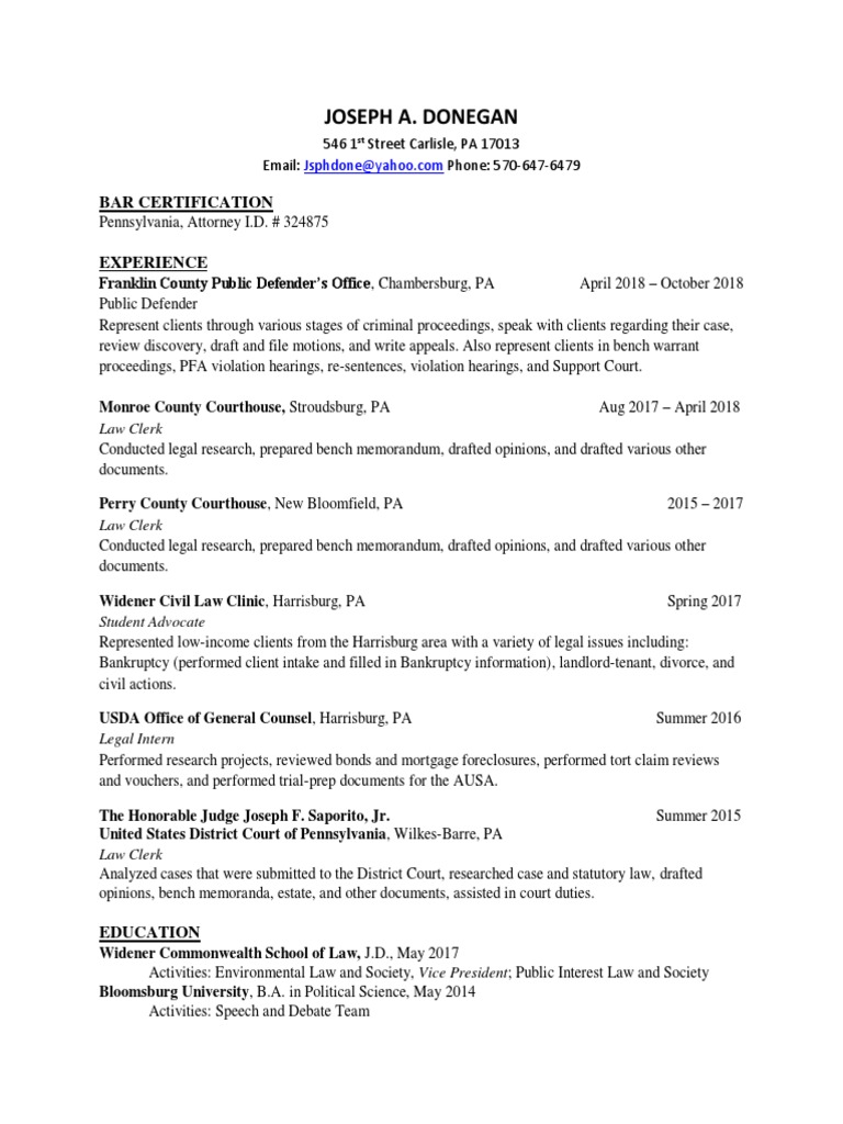 Donegan Resume Pennsylvania Law Clerk