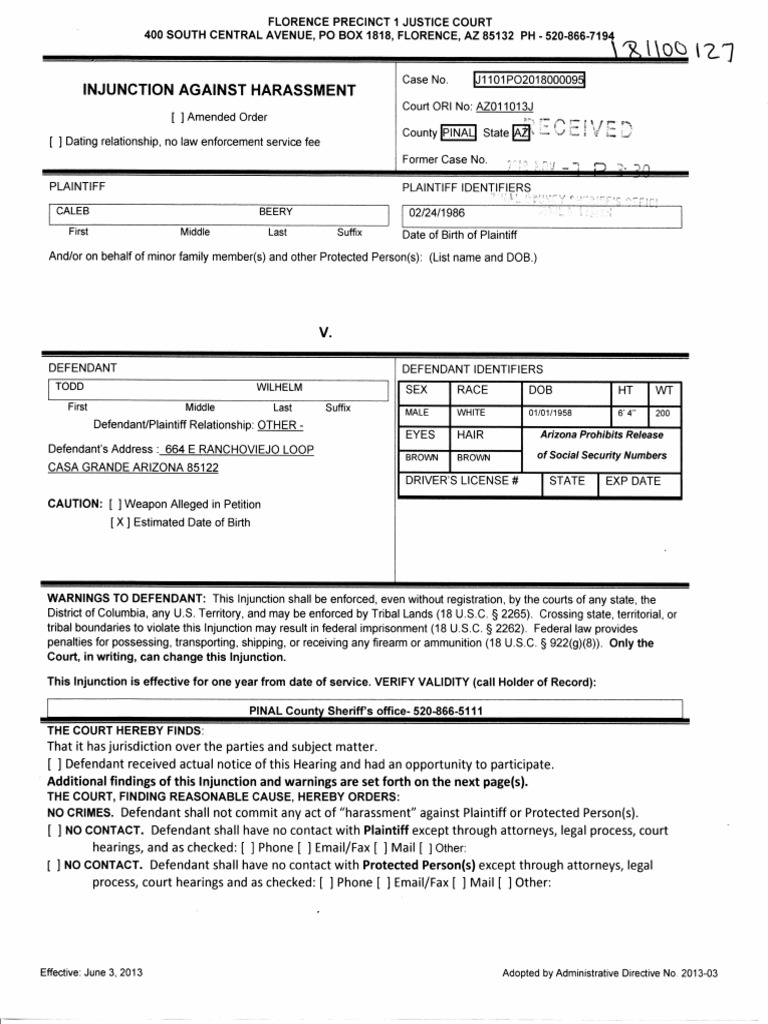 Injunction Against Harassment Caleb Beery v. Todd Wilhelm | PDF