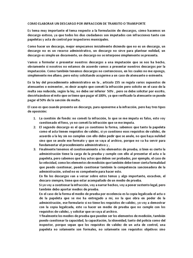 Como Elaborar Un Descargo Por Infraccion de Transito o Transporte | PDF ...