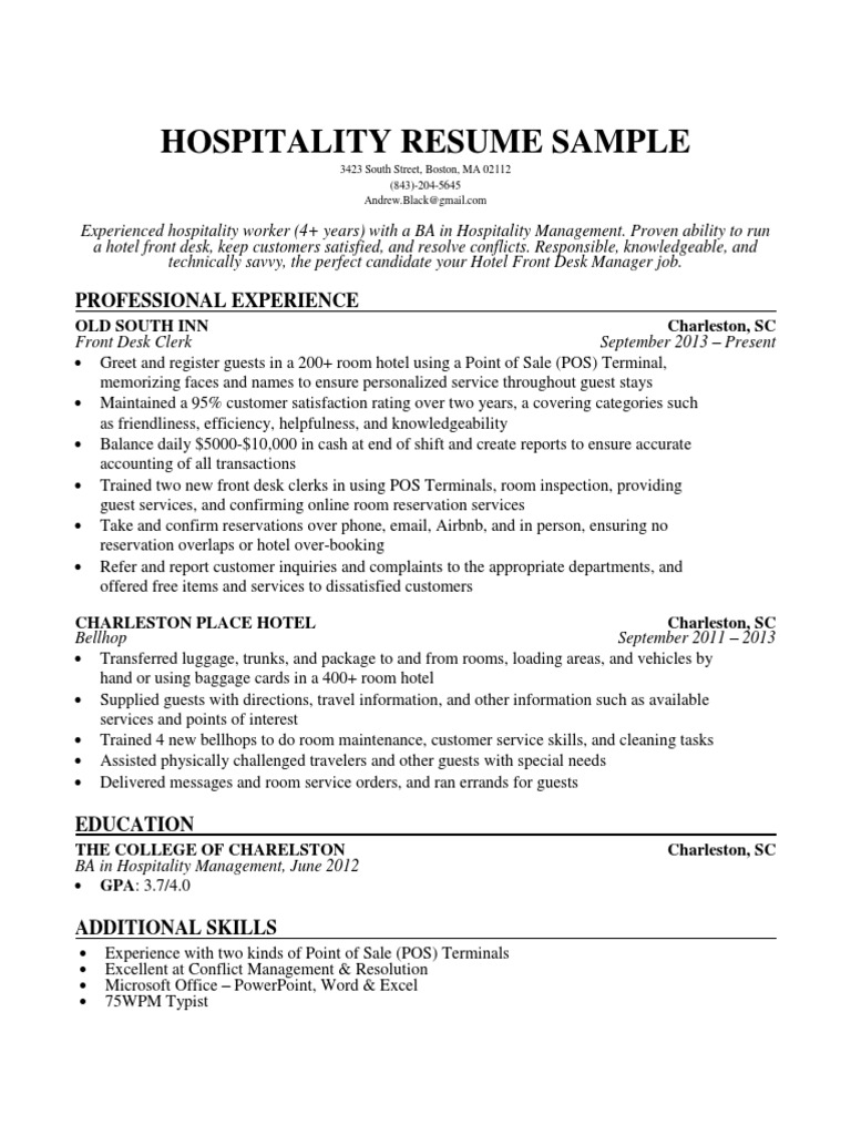 Hospitality Resume Sample Point Of Sale Service Industries