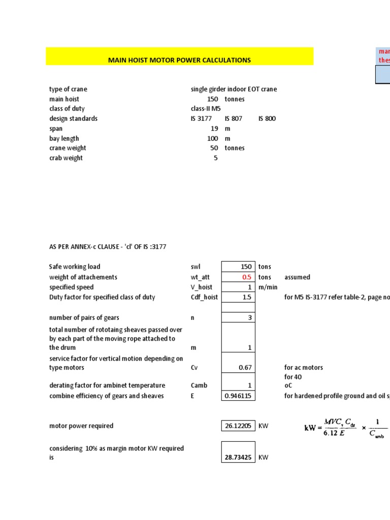 Main Hoist Motor Power Calculations PDF Crane (Machine) Machines
