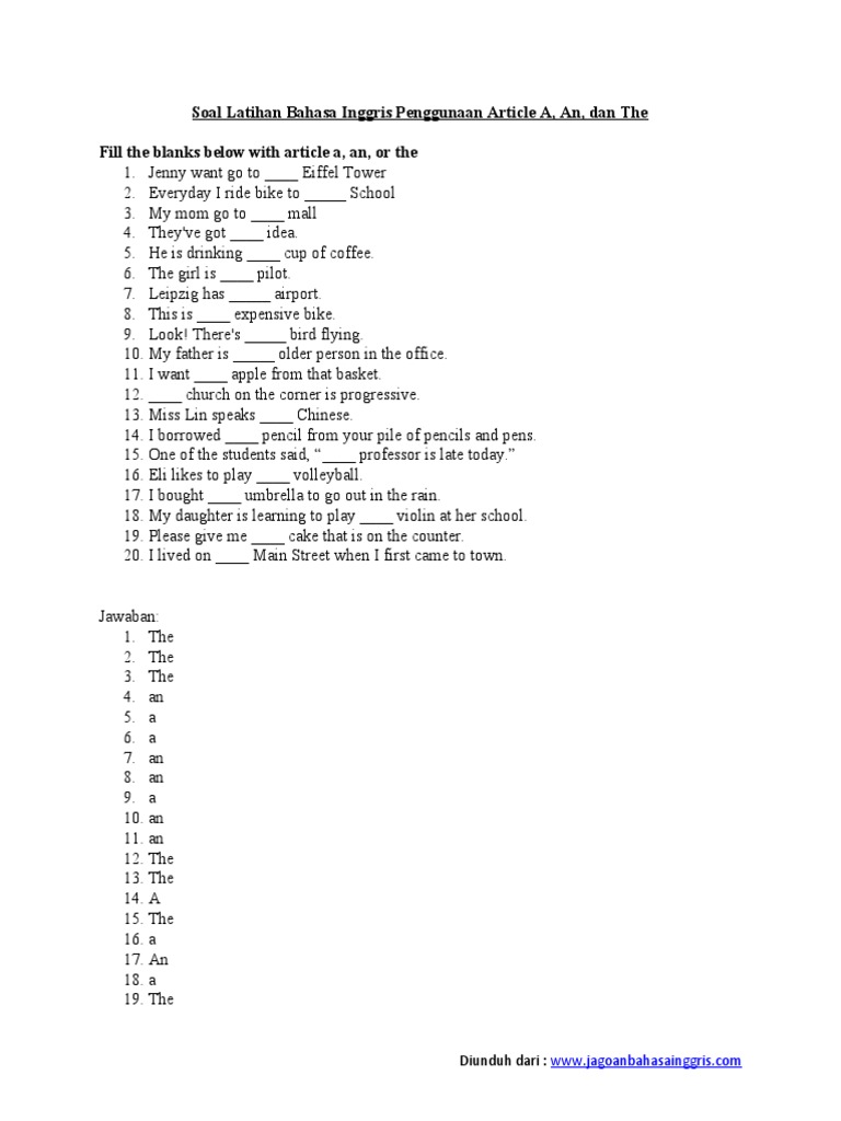 Soal Latihan Bahasa Inggris Penggunaan Article a an The