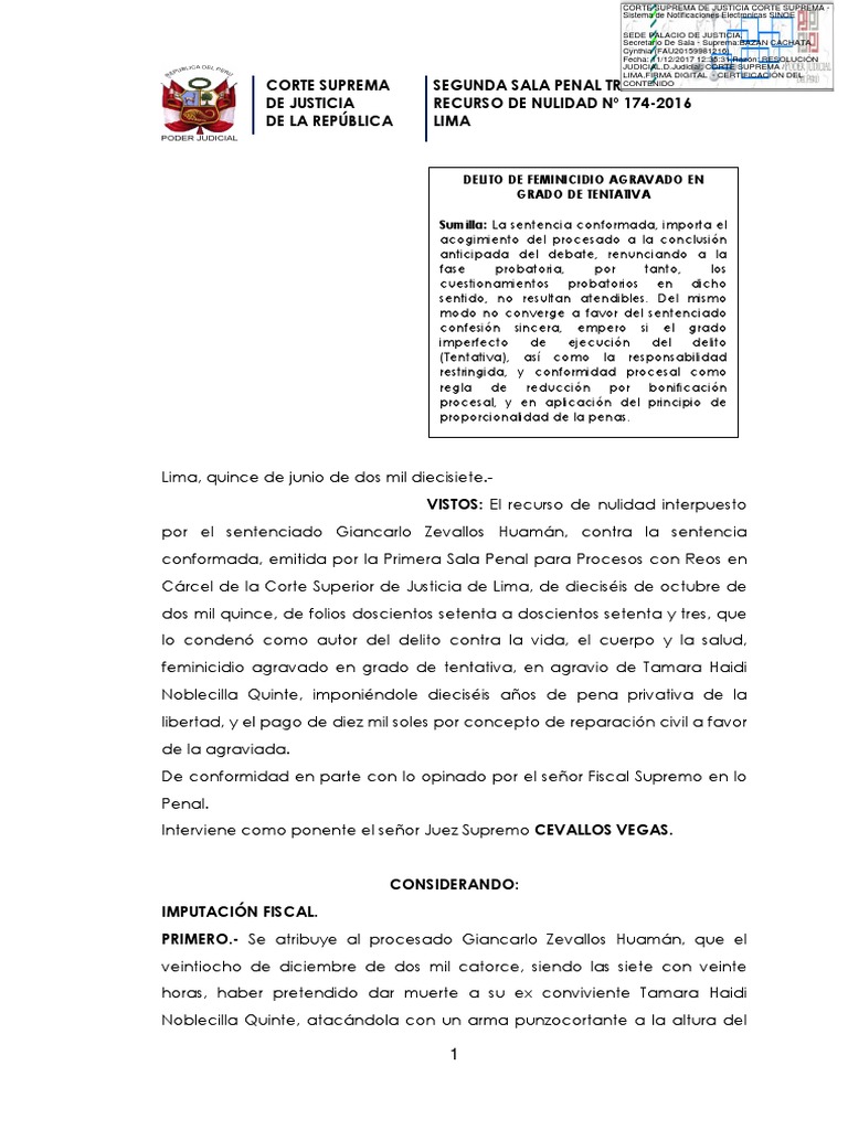 Delito de Feminicidio Agravado en Grado de Tentativa R.N.174 2016 Lima ...